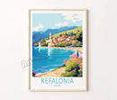 Retro travel poster Santorini castle and island wall decor