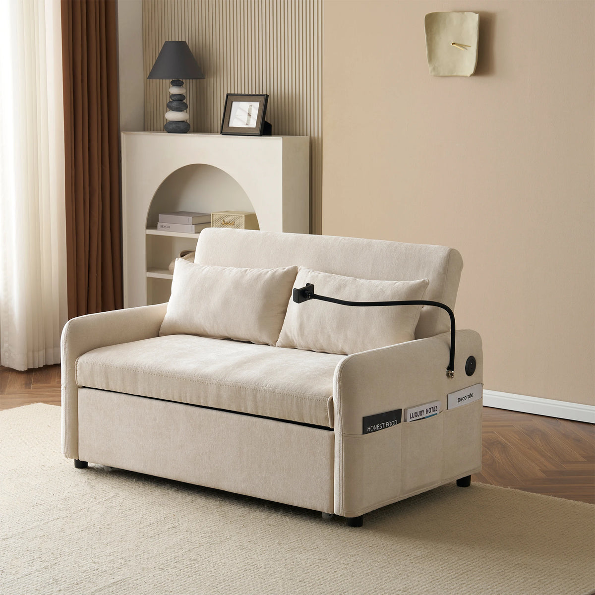 Modern double folding sofa bed, multi-functional with adjustable backrest, cell phone holder &amp; USB charging station - vue 3 sur 6