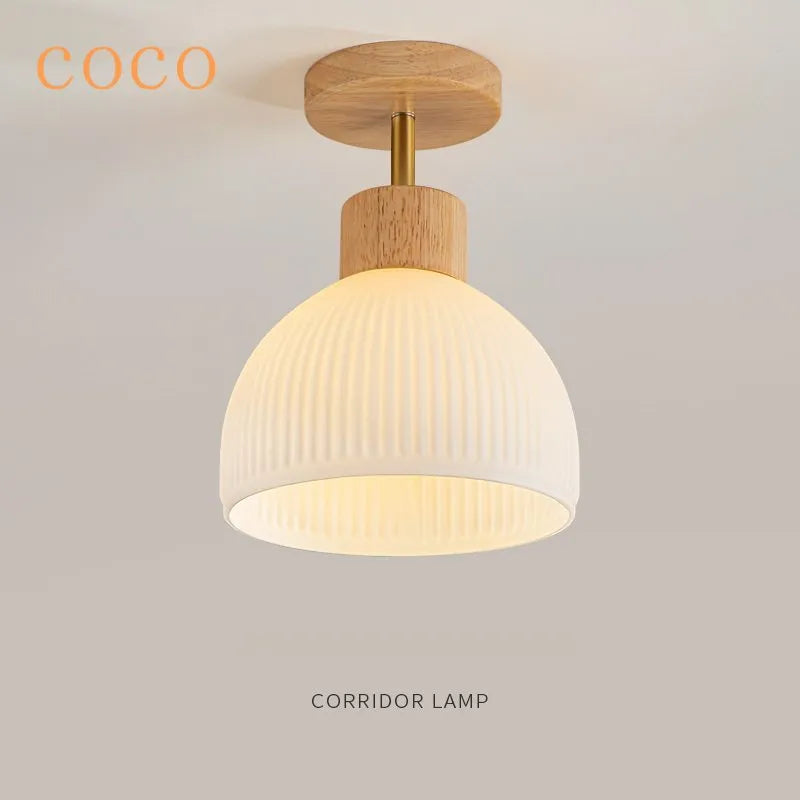 Wood and glass LED ceiling light for corridor, cloakroom, and balcony