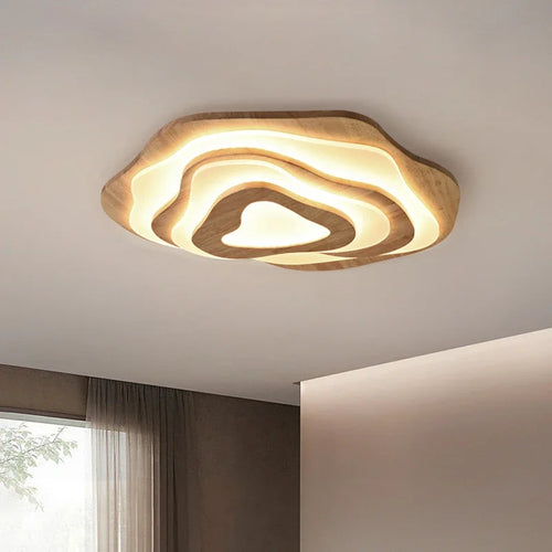 Nordic wood LED ceiling light with remote control modern decorative design - vue 2 sur 12