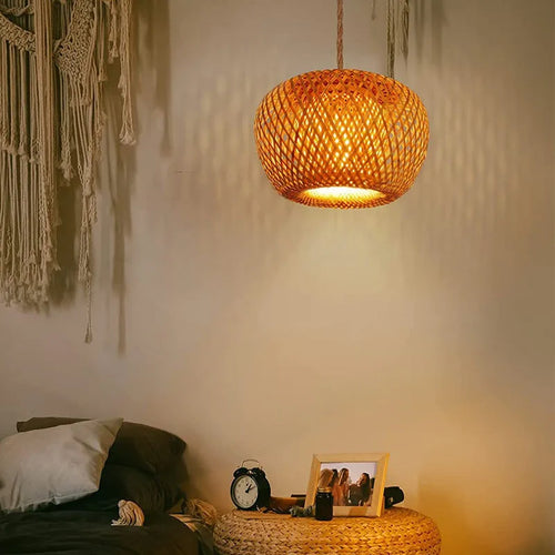 Antique hemp rope and hand-woven bamboo dimmable pendant lamp - vue 10 sur 11