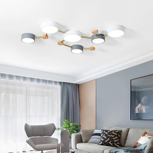 Nordic wooden LED ceiling light macaroon 3-8 heads decorative lighting - vue 6 sur 10