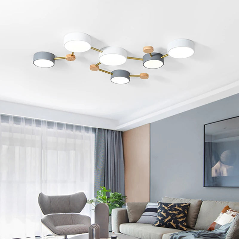 Nordic wooden LED ceiling light macaroon 3-8 heads decorative lighting - vue 5 sur 10