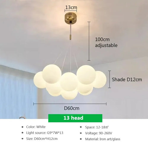 Modern glass chandelier with white LED spheres for living and dining room - vue 15 sur 18
