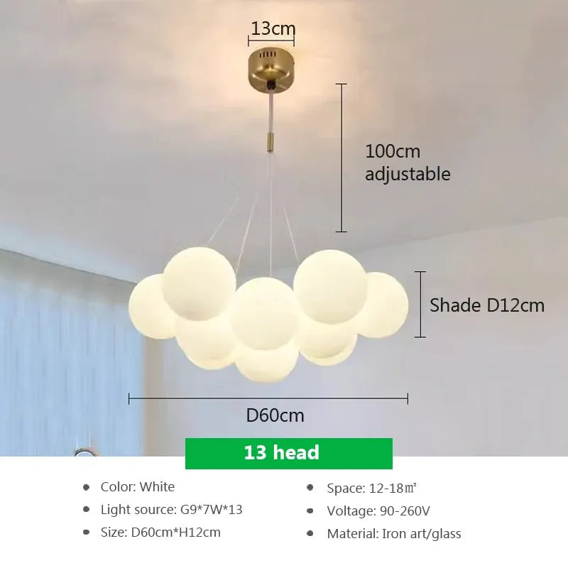 Modern glass chandelier with white LED spheres for living and dining room - vue 15 sur 18