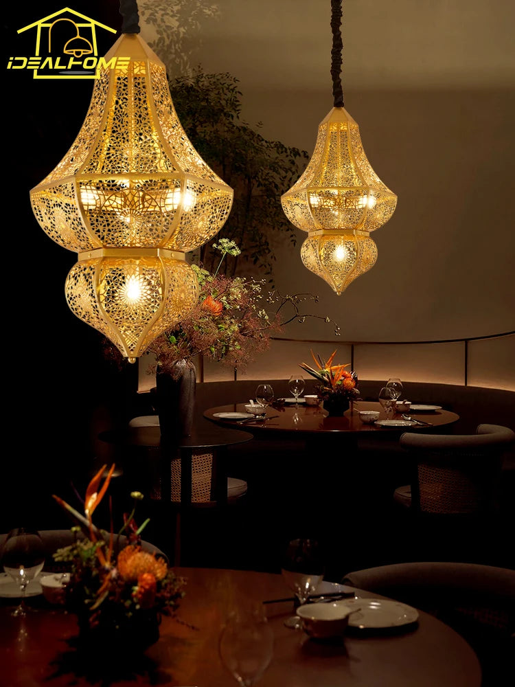 Vintage Asian-style gold pendant light for bar and restaurant - vue 3 sur 8