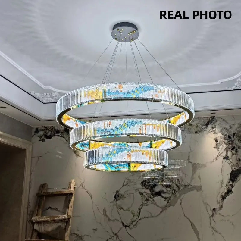 Modern dimmable LED chandelier with decorative steel ring - vue 5 sur 14