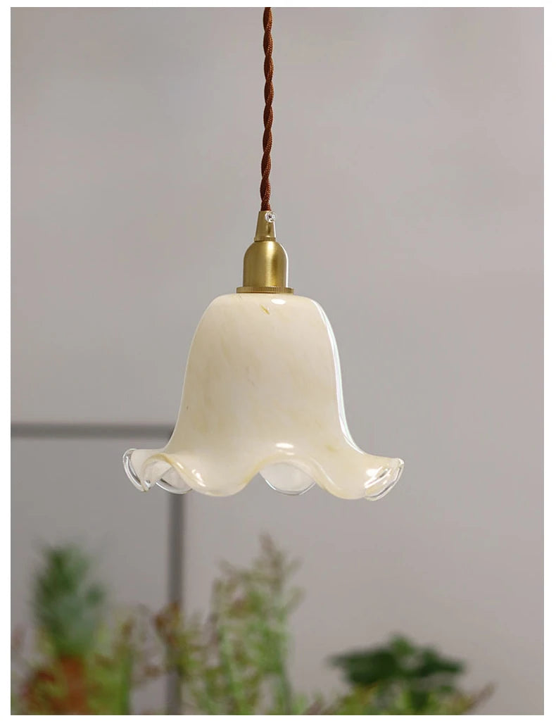 Retro LED pendant light with brass and glass floral design, minimalist and creative