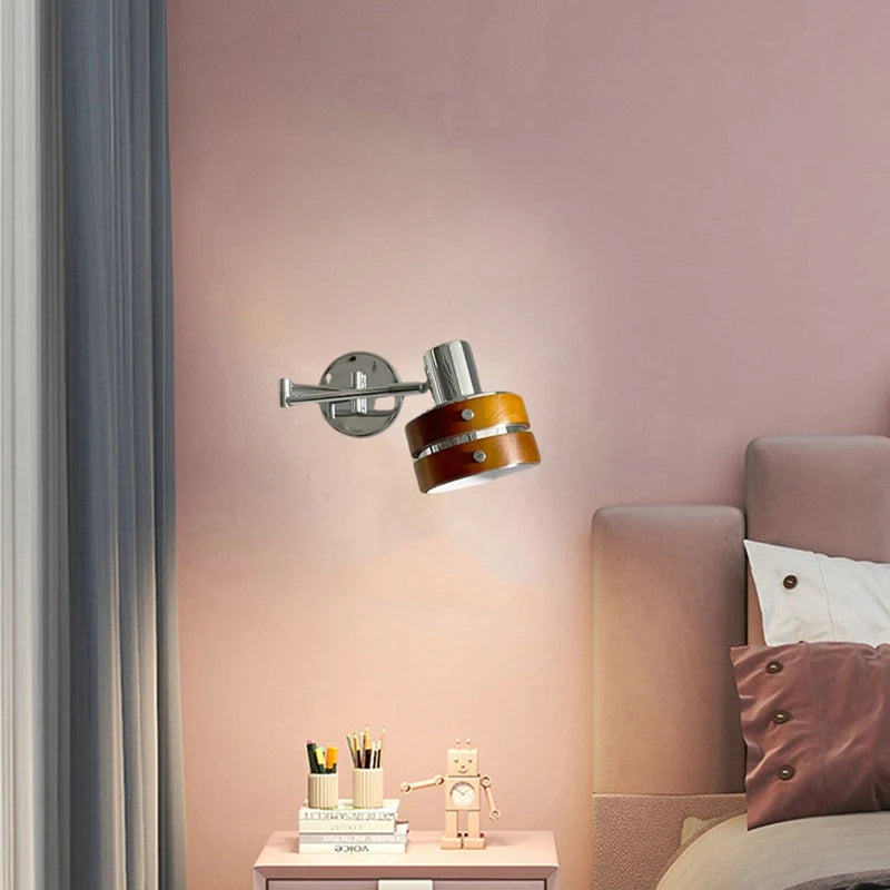 Long arm wall light in chrome and brown wood for reading and study