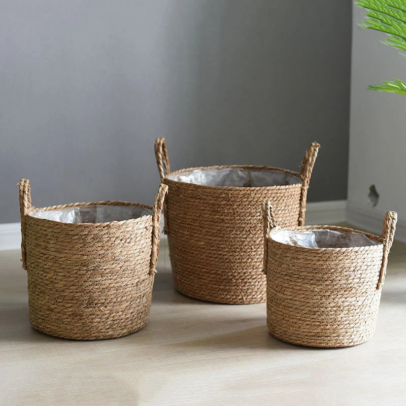 handwoven straw basket for plants and laundry