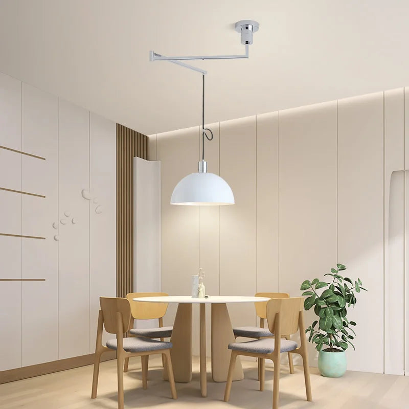 Nordic extendable LED pendant lamp with white, black or chrome shade and swing arm for living room or dining table