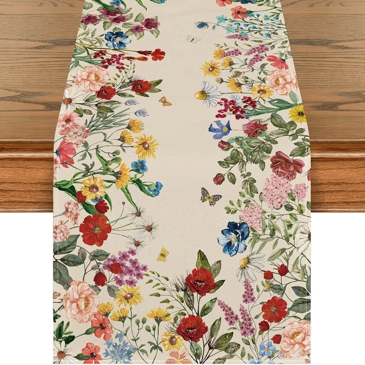 Linen table runner with floral and butterfly design
