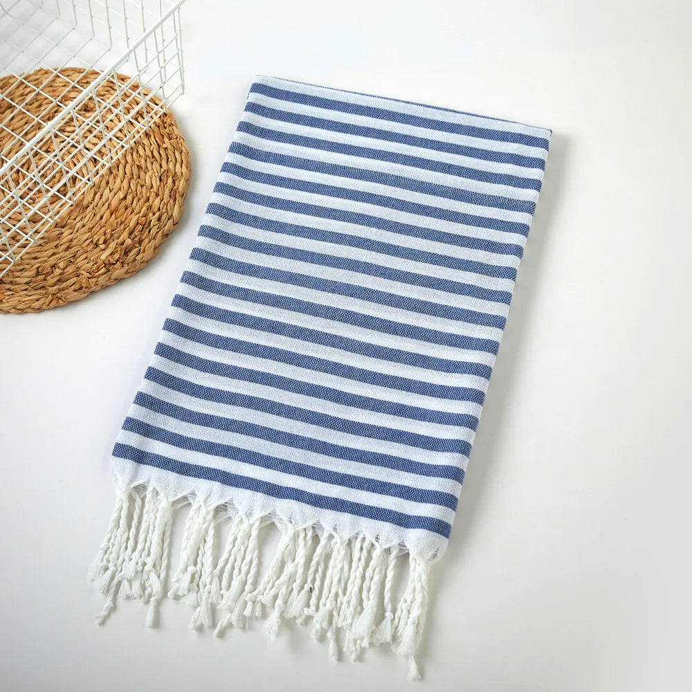 Large striped Turkish beach towel with fringes, absorbent - vue 7 sur 7