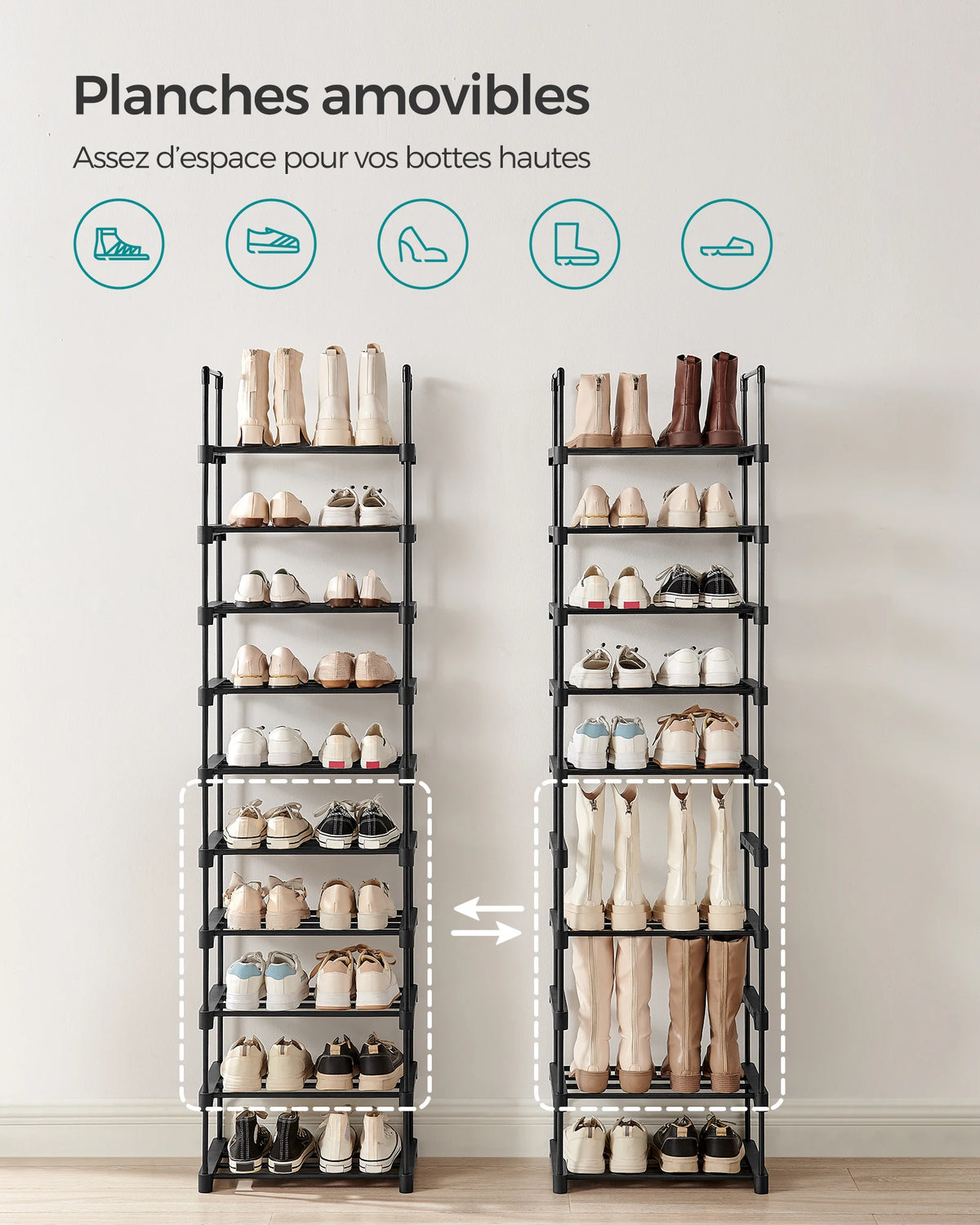 SONGMICS Shoe Rack, 10-Tier Metal Shoe Storage Organizer, Customizable Design, Metal Frame, Space-Saving Rack