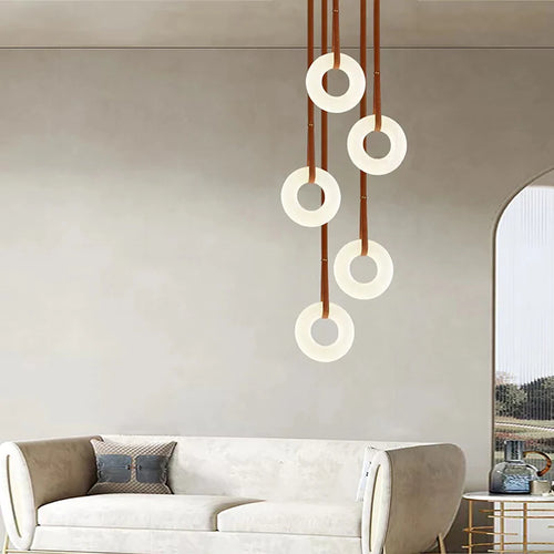 Luxury minimalist LED chandelier in copper and natural marble - vue 4 sur 12