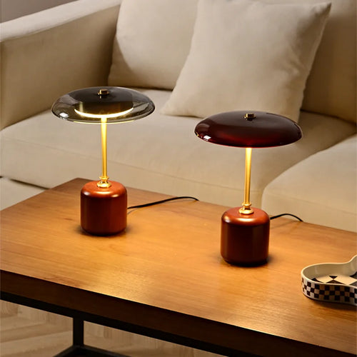 Retro glass, wood and copper designer table lamp - vue 2 sur 8