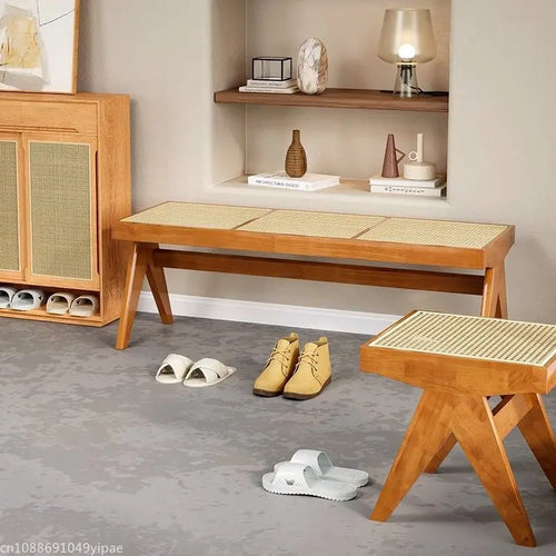 solid rattan bench lounge chair and versatile retro ottoman - vue 5 sur 14