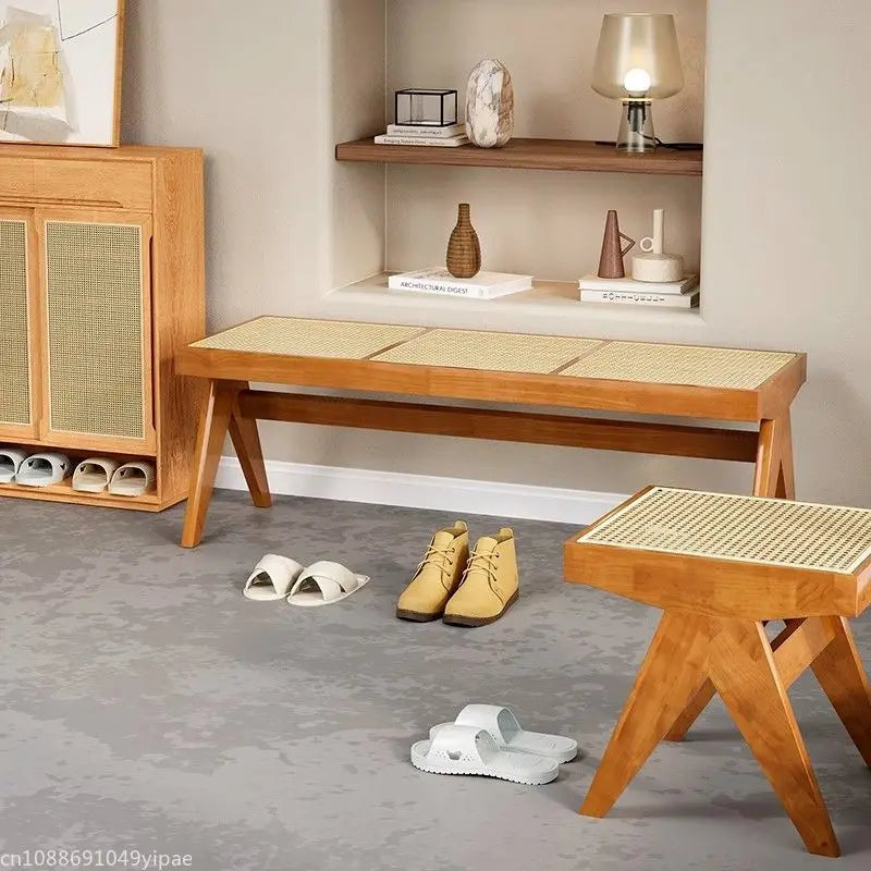 solid rattan bench lounge chair and versatile retro ottoman - vue 4 sur 14