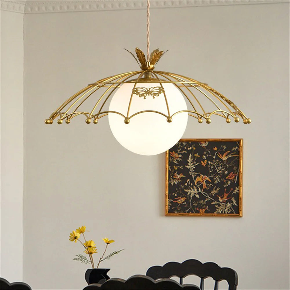 Nordic style glass LED pendant light with golden hat for decoration - vue 5 sur 6
