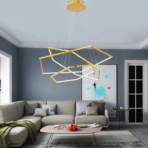 Minimalist luxury gold geometric chandelier with LED - vue 4 sur 14