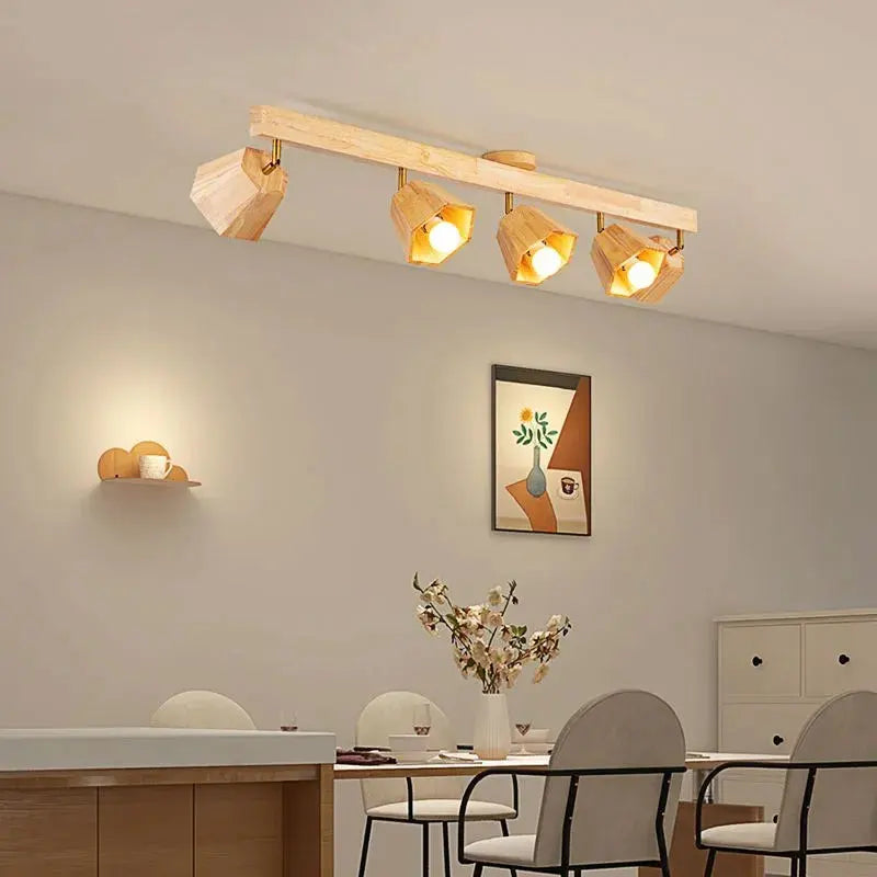 Modern wooden LED ceiling light for hallway, bedroom, cloakroom, toilet, shop, corridor, track fitting, long chandelier with spotlights