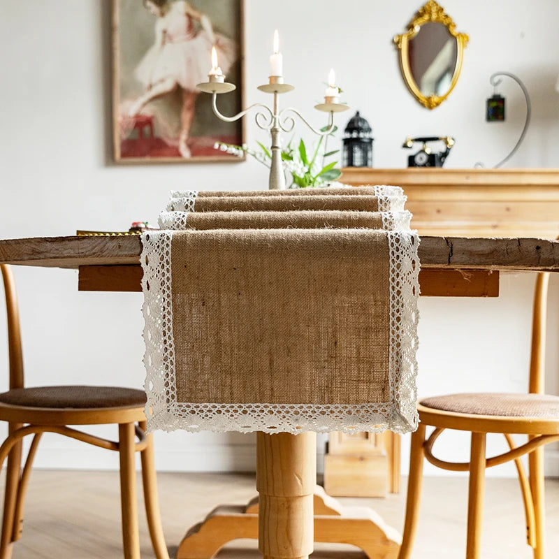 Beige jute-effect table runner with tassels, rustic style