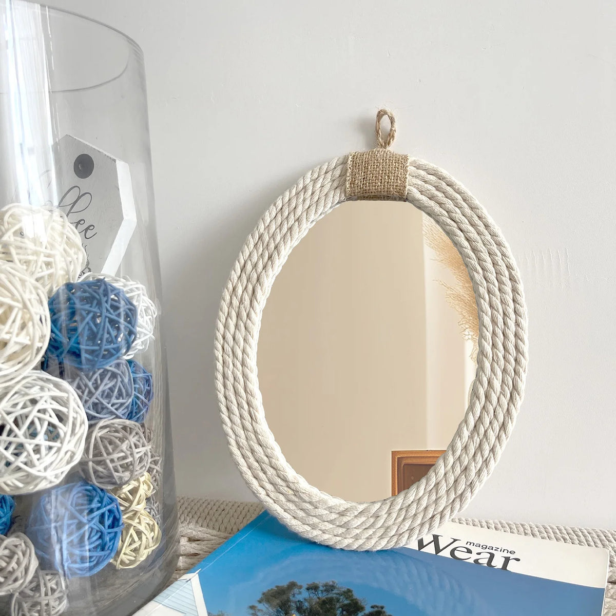 oval nautical rope mirror with macrame fringe - vue 6 sur 7