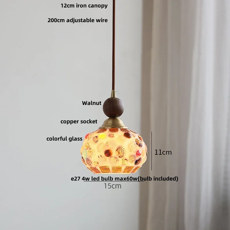 modern adjustable colored glass pendant light with wooden wire - vue 19 sur 25