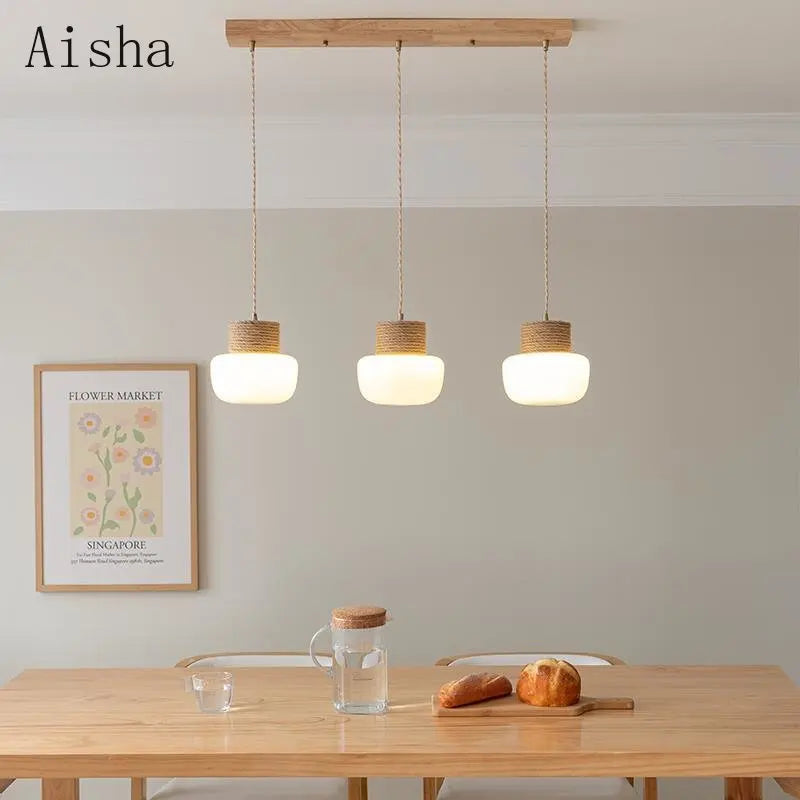 Wabi-sabi white glass pendant light with hemp rope