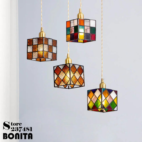 Retro pendant light in hand-painted glass, Mediterranean Asian style - vue 2 sur 12
