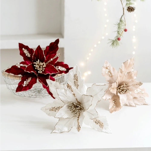 Artificial Christmas flower in glitter velvet festive decoration for home - vue 3 sur 12
