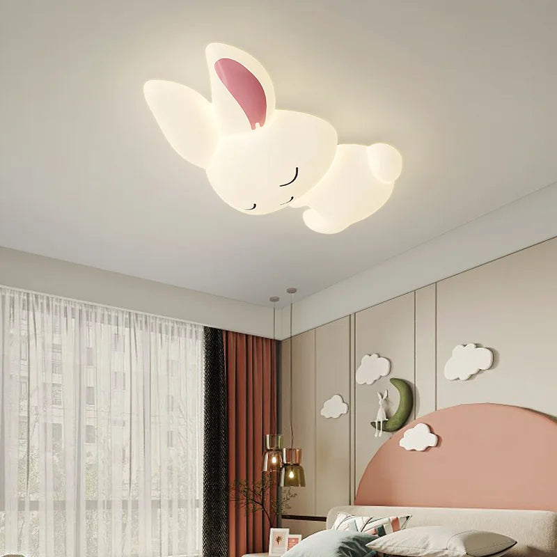 Cute LED white rabbit ceiling light for children's room, cartoon princess decor