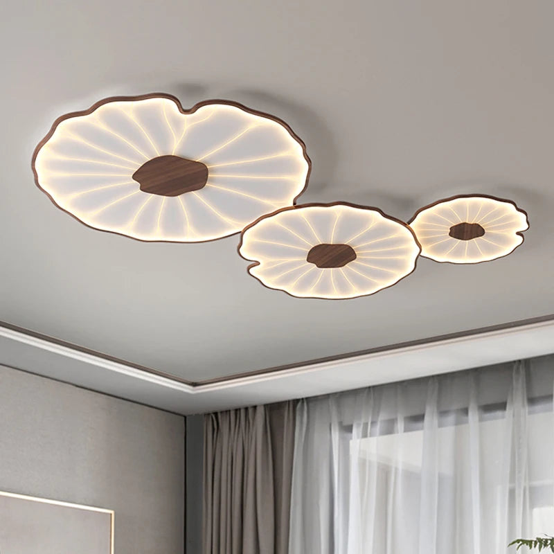 Modern wood grain ceiling light for living room, bedroom, study, children's nursery, lotus leaf design metal LED chandelier