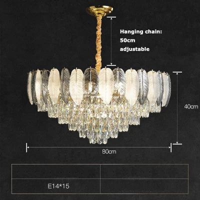 Art deco inspired LED crystal chandelier with white and grey feathers - vue 7 sur 17