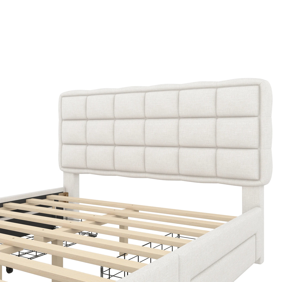 Upholstery bed, 140x200cm, bed with slatted frame (without mattress), bed with four drawers, minimalist style, linen, beige - vue 4 sur 6