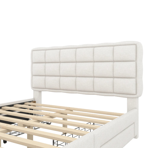 Upholstery bed, 140x200cm, bed with slatted frame (without mattress), bed with four drawers, minimalist style, linen, beige - vue 5 sur 6