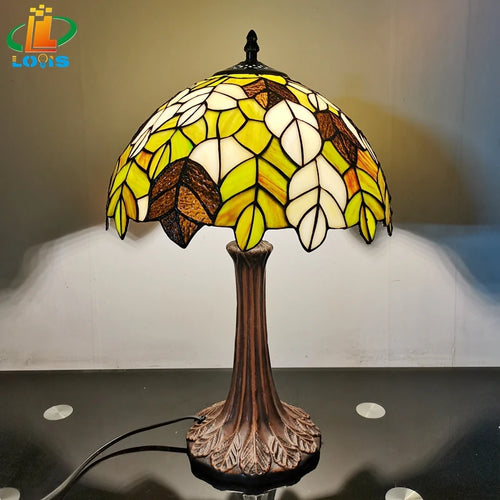Tiffany style glass table lamp with antique decorative leaves