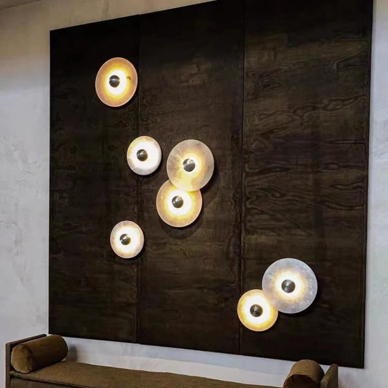 Round gold metal natural marble LED wall light