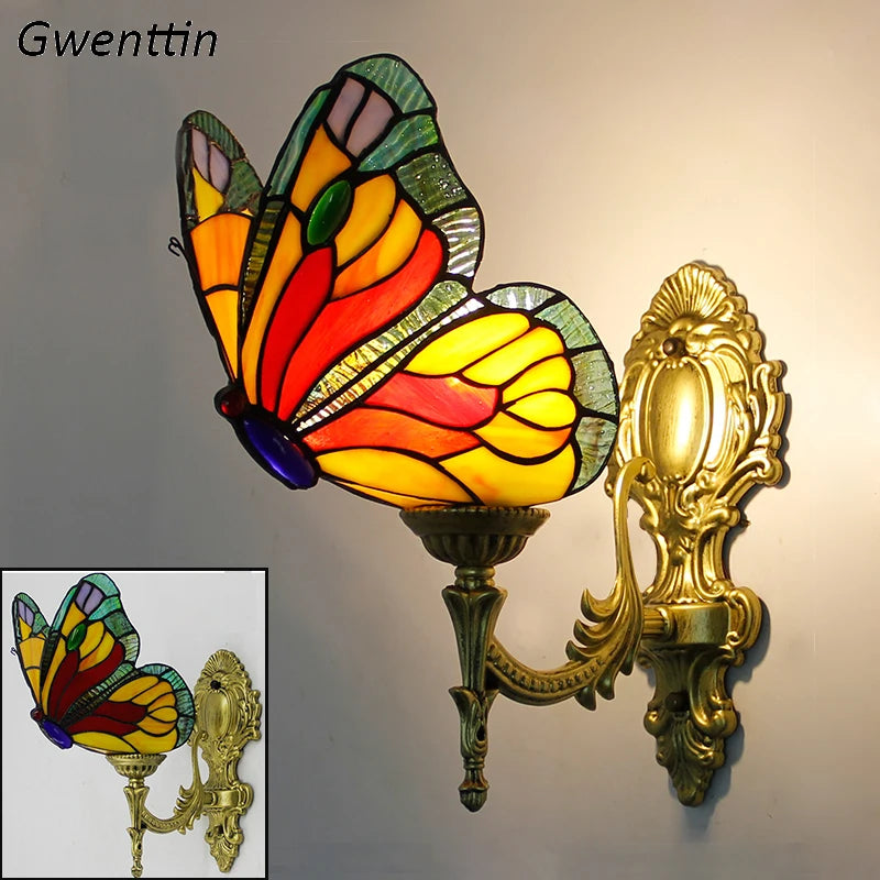 Tiffany butterfly wall light Mediterranean decor stained glass mirror
