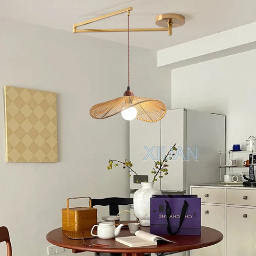 Wabi-sabi vintage chandelier with folding fabric shade - vue 5 sur 11
