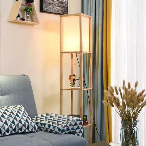 LED floor lamp with storage shelf in Nordic fabric and solid wood for living room, bedroom, or library - vue 7 sur 7