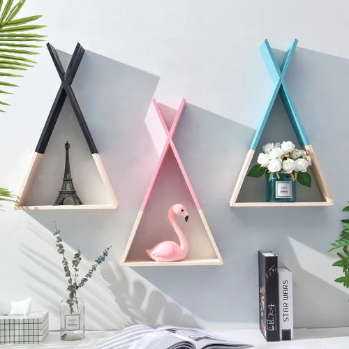 Triangle Wooden Shelf for Wall Decoration, Decorative Crafts, Storage Holder, Living Room, Kids Room - vue 4 sur 10