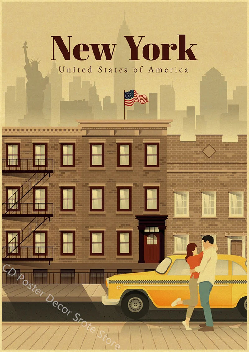 Retro world cities poster for wall decoration