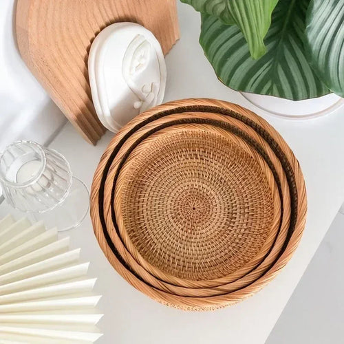 Round Rattan Woven Basket, Wicker Fruit Basket, Bread Food Kitchen Home Decor Organizer, Breadbasket For Kitchen - vue 3 sur 12