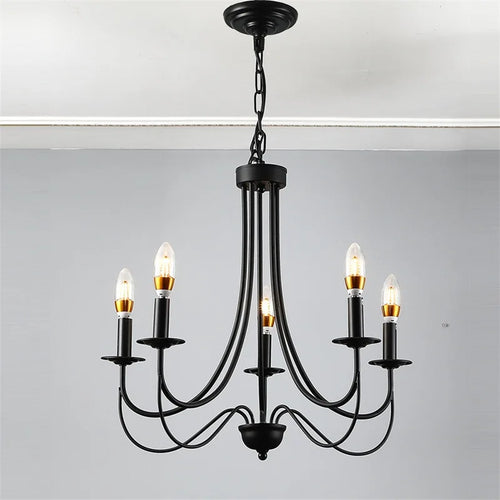 Black wrought iron chandelier with 5 bulbs, vintage industrial American style - vue 4 sur 6