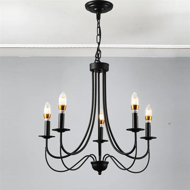 Black wrought iron chandelier with 5 bulbs, vintage industrial American style - vue 4 sur 6