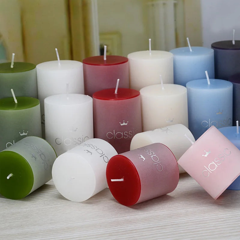 Decorative smokeless scented pillar candles in various sizes and colors