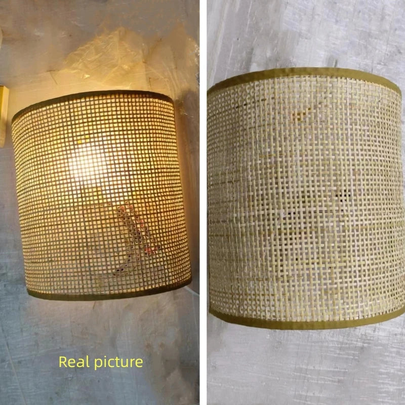 Southeast Asian style rattan wall light with minimalist switch - vue 6 sur 10