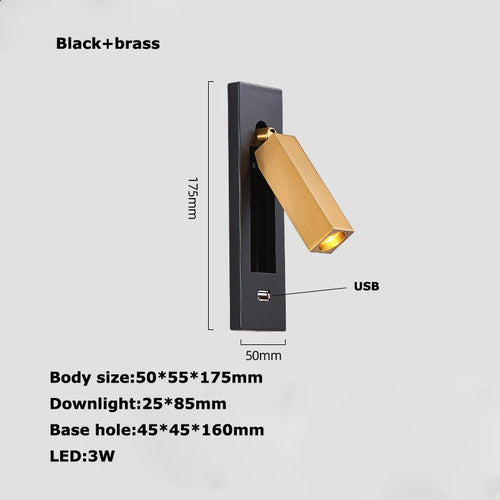 LED Brass Black Wall Lamp Wall Light Wall Sconce Wall Mounted Reading Light with Switch and USB Port, Rotatable For Bedroom - vue 15 sur 23