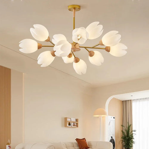 Nordic wooden chandelier with flower-shaped LED light - vue 2 sur 9